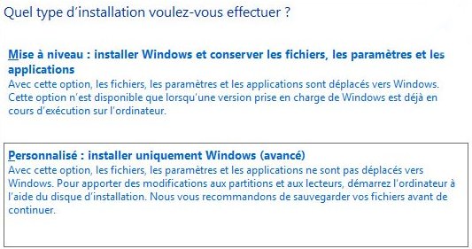 Installation personnalisée de Windows